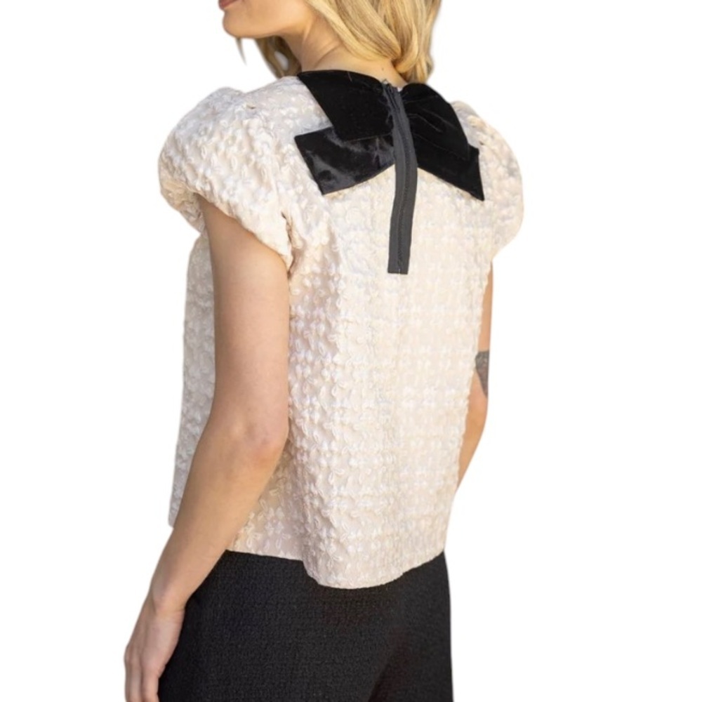 Voy Romantic Coquette Velvet Bow And Back Zipper Detailed Top Taupe Sz S